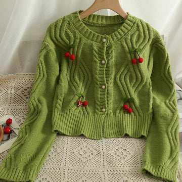 Getadme- Chic Fashion Cherry Knitted Cardigan Women Autumn Cute Button Up O-neck Long Sleeve Coat Streatwear Lady Y2K Sweaters